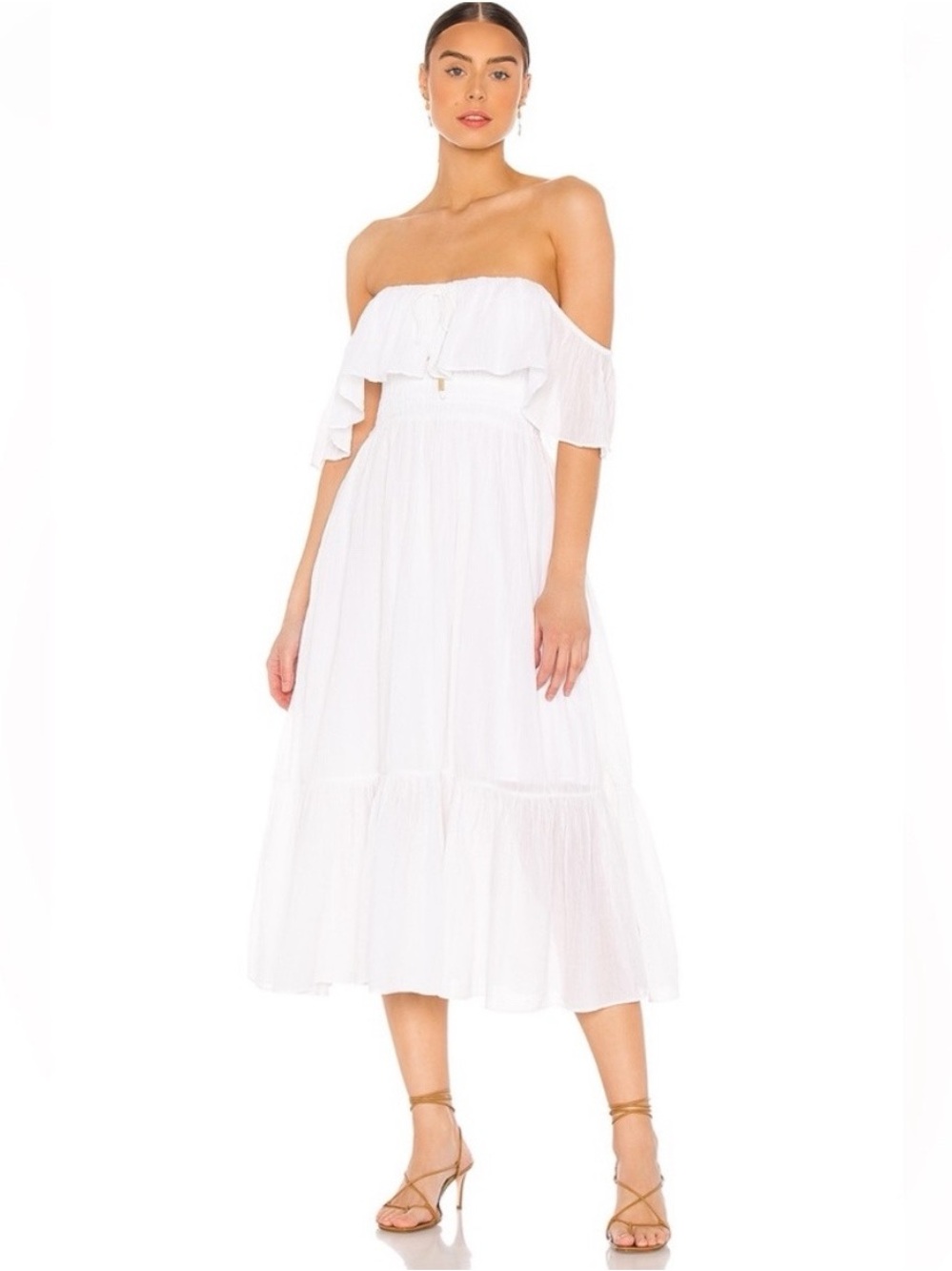MAJORELLE White Selvaggia Midi Dress Tiered Ruffle Off The Shoulder Size Medium